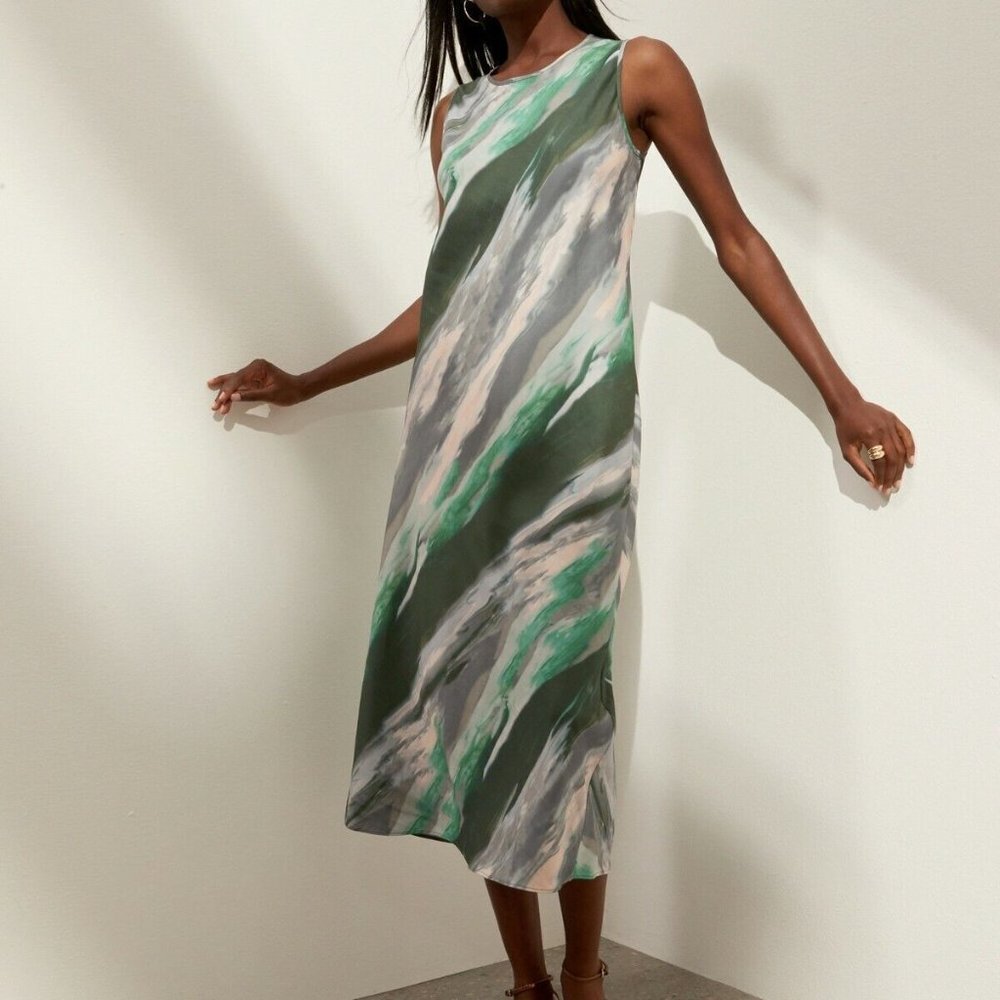Banana Republic Green Bias Cut Midi Maxi Dress Size L Tall Marble Watercolor